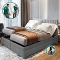 TRADA Adele Boxspringbett 180x200 Elektrisch verstellbar Taschenfederkern Doppelmatratze 9 Zonen Topper Bett mit Bettkasten Velour Stoff Grau