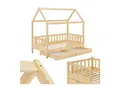 Juskys Kinderbett Marli 80 x 160 cm mit Bettkasten, Gitter, Lattenrost & Dach - Holz Hausbett Natur