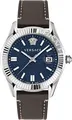 Versace VE3K00122 Greca Time blau silber braun Leder Armband Uhr Herren NEU