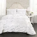 Lush Decor Kemmy Bettwäsche-Set, gesteppt, gerüscht, strukturiert, 3-teilig, für Queensize-Bett, Weiß