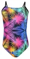 Aquarti Mädchen Badeanzug mit Spaghettiträgern Streifen – Sport Badeanzug Mädchen, Chlorresistent, Farbe: Bunte Blätter/Schwarz/Pink/Orange, Größe: 140