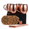 Eligara Moscow Mule Becher Kupferbecher Gehämmert und Handgefertigt Kupfertassen mit 4 Gläsern, 4 Untersetzer, 4 Trinkhalme, 1 Messbecher, Bier, Gin, Vodka, Cocktails und Wasser genießen