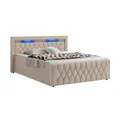 Juskys Boxspringbett Leona Samt 180x200 cm in Beige - mit LEDs, Topper & H4-Federkern-Matratzen