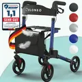 ELONEO Rollator faltbar und leicht mit Sitz, Leichtgewicht-Reiserollator aus Aluminium, Gehhilfe 8-fach höhenverstellbar, Laufhilfe 3-fach faltbar - Blau