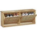 Relaxdays Schuhkipper Walnuss, massiv Holz, HxBxT:38x94x20cm, Schuhkommode/Schuhregal, moderne Aufbewahrung, natur
