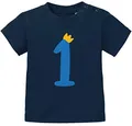 MoonWorks® Baby T-Shirt 1. Geburtstag Zahl 1 mit Krone Geburtstagsshirt Aufdruck Alter Kurzarm Bio-Baumwolle dunkelblau-blau 92/98 (16-24-Monate)