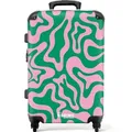 NoBoringSuitcases.com© Hartschalen-Trolley Grün mit rosa abstraktem Muster 67 cm - 72 L, 4 Rollen, Hartschalenkoffer Mittel Groß für 20kg, Frauen Reisekoffer Trolley bunt 43 cm x 67 cm x 25 cm