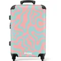 NoBoringSuitcases.com© Hartschalen-Trolley Rosa mit blauem abstraktem Muster 67 cm - 72 L, 4 Rollen, Hartschalenkoffer Mittel Groß für 20kg, Frauen Reisekoffer Trolley bunt 43 cm x 67 cm x 25 cm