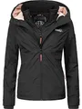 MARIKOO leicht gefütterte Damen Übergangsjacke kurze Sommerjacke mit kuscheligem Fleece-Innenfutter und großer Kapuze Erdbeere Schwarz Gr. L