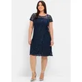 Spitzenkleid SHEEGO "Spitzenkleid", Damen, Gr. 58, Normalgrößen, blau (marine), Spitze, 100% Polyamid, unifarben, knielang, Rundhals, Kleider