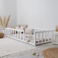 Homestyle4u Kinderbett 90x200 mit Rausfallschutz Weiß mit Rausfallschutz Bodenbett Montessori Bett Lattenrost Kleinkindbett