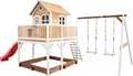AXI Spielhaus Liam mit Sandkasten, Doppelschaukel & roter Rutsche | Stelzenhaus XXL in Braun & Weiß aus  Holz für Kinder | Spielturm mit Wellenrutsche & Schaukel für den Garten