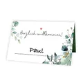 TOBJA Tischkarten Hochzeit Eukalyptus Design, 50 Stück | Stilvolle Platzkarten | Herzlich Willkommen Namenskärtchen | Leicht Beschriftbar - Namensschilder