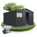 Juskys Geräteschuppen Metall XXL – Gartenhaus & Gerätehaus mit Schiebetür, Fundamentrahmen & Schloss, wetterfester Gartenschrank zur Aufbewahrung – Dunkelgrau
