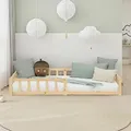 Homestyle4u Kinderbett 90x200 mit Rausfallschutz Natur Bodenbett Montessori Bett Lattenrost Kleinkindbett - Naturbelassen