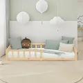 Homestyle4u Bodenbett 90x200 Natur Montessori Kinderbett mit Rausfallschutz Lattenrost Kinder Holzbett