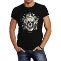 Neverless Print-Shirt Herren T-Shirt Totenkopf Rosen Skull Roses Schädel Slim Fit mit Print schwarz L