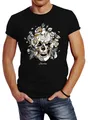 Neverless® Herren T-Shirt Totenkopf Rosen Skull Roses Schädel Slim Fit Schwarz L