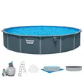 Bestway Hydrium Stahlwandpool Komplett-Set rund 732 x 132 cm Holz-Optik Grau XXL Gartenpool mit Sandfilteranlage