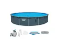 Bestway Framepool 561RP Hydrium Stahlwandpool Komplett Set (Komplett Ste, 1-tlg., Sandfilteranlage, Filterbälle, Leiter, Plane, Chemikaliendosierer), Ø 732 x 132 cm, Holz Optik (Grau), rund, winterfest