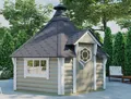 Finn Art Blockhaus Grillkota Grillpavillon 6-eckig Exzellent 9 max. 15 Personen, BxT: 376x326 cm, Schindeln schwarz, mit Grillanlage