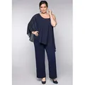 Jumpsuit SHEEGO, Damen, Gr. 52, Normalgrößen, blau (marine), 95% Polyester, 5% Elasthan, unifarben, lang, Overalls Jumpsuit