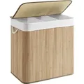 SONGMICS Wäschekorb, mit Deckel und Griffen, aus Bambus, 3 Fächern, 150 L, naturfarben - Naturbelassen