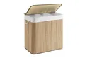 SONGMICS Wäschekorb 3 Fächer, 150 L Wäschesammler mit Deckel, Wäschebox Bambus, faltbar, Wäschesack herausnehmbar maschinenwaschbar, Waschküche