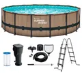 Summer Waves Frame Pool Komplettset | Rund 488x122 cm Teak Optik Braun | Aufstellpool Set | Gartenpool & Schwimmbecken inkl. Filterpumpe, Einstiegsleiter, Abdeckplane, Bodenvlies & Reinigungsset