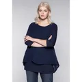 Blusenshirt SHEEGO "Große Größen", Damen, Gr. 40/42, blau (marine), Obermaterial: 95% Viskose, 5% Elasthan;Webteil: 100% Polyester, unifarben, klassisch, figurumspielend normal, Rundhals, 3/4-Ärmel, Shirts, in leichter A-Linie mit Zipfelsaum