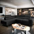 Masseno Ecksofa NOLA L-S mit Schlaffunktion L-Form, Sofa mit Bettkasten, Wohnzimmersofa, Couch, Soffa, Bettsofa, Couchgarnitur- Schwarz, MONOLITH 95