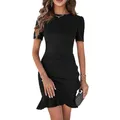 RPAEOY Damen Kleid Elegant Kurzarm Rüschen Bodycon Puffärmel Kurz Kleider Vintage Formal Dress Bleistiftkleid für Cocktail Abend Büro Sommer Herbst Schwarz M