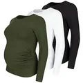 M.M.C. Umstandsshirt 3er Set unifarben Umstandsmode Schwangerschaft Schwangerschaftsshirt, Langarm (Schwarz, Weiß, Khaki, X-Large)