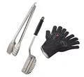 RÖSLE Barbecue Premium-Set 3-teilig., Hochwertiges Grillset mit Premium Grillhandschuhen, BBQ-Grillzange und Reinigungsbürste SlideX, Edelstahl, Silberfarben /Schwarz