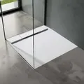doporro Duschtasse Duschwanne 70x70x4 flach Mineralguss in Weiß DIN-Anschlüsse für bodengleiche Montage geeignet Geoma04 - Weiß