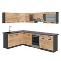 Vicco Eckküche Rick, Goldkraft Eiche/Anthrazit, 270 x 60 cm, AP Schwarz, mit variabel kombinierbaren Modulen und höhenverstellbaren Füßen