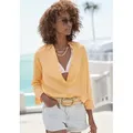Hemdbluse LASCANA, Damen, Gr. 36, orange (mango peach), Web, Obermaterial: 58% Viskose, 28% Baumwolle, 14% Leinen, unifarben, modisch, figurumspielend hüftbedeckend, V-Ausschnitt, Langarm 2-Knopf-Manschette, Blusen, aus Leinenmix, Damenbluse mit Hemdkragen und Knopfleiste, Topseller