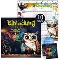TOBJA Einladungskarten 10 Einladungskarten Eule inkl Sticker, Kindergeburtstag Junge Geburtstag Einladung Kinder bunt