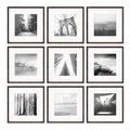 PHOTOLINI Bilderrahmen 30x30 Eiche dunkel Holz MDF, 9er Set Bilderrahmen quadratisch 30x30, Foto Rahmen mit Passepartout zum Aufhängen, Rahmen 30 x 30 mit Acrylglas & Zubehör - für Fotos & Poster