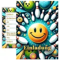 10x Kinder Einladungskarten Einladung Kindergeburtstag Bowling Bowlingbahn Kegel mit Smiley 10x15 cm Party Spiel Geburtstag Einschulung Party Kinderparty Geburtstagsparty