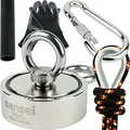 SENSEI Set 250 kg, Doppelseitiger N52 Neodym-Magnet mit 2 Ösen, Ø7,5 x H2,5 cm, Segelseil 25 m, Schutzhandschuhe + Zubehör