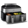 Philips Heißluftfritteuse 5000 Series NA555/00, Dual Basket mit Steam und 9L Kapazität (6L+3L), 2750 W, RapidAir Plus Technologie und 19 Kochfunktionen; Silber/Edelstahl silberfarben