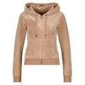 Kapuzennickijacke JUICY COUTURE "ROBERTSON HOODIE GOLD HARDWARE Damen", Damen, Gr. L, braun (caramel), 95% POLYESTER 5% ELASTAN, slim fit, Langarm, Jacken, Trainingsjacke Damen, Sweatjacke mit Kapuze, Velour, mit Glitzer, Sale