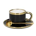 HOMLA Sinnes Kaffeetasse Porzellan mit Untertasse & Löffel - Teebecher Tasse Kaffeeservice - Vintage Edelstahl 200ml Schwarz & Gold