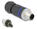 Delock M12 Steckverbinder A-kodiert 8 Pin Stecker, Schraubanschluss, IP67, schwarz, 56 x 20 mm