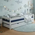 MEBLE WRÓBEL Kinderbett 90x180 cm mit 2 Schublade, Rausfallschutz und Lattenrost - Kinder Bett Montessori - Jugendbet aus Kiefer Massivholz in Wei... - Weiß
