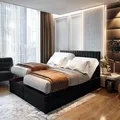 TRADA Boxspringbett ADÈLE 200x200 cm - elektrische Bett mit Matratze + Tooper und Bettkasten - Stoffbezug Veloursstoff - Schwarz