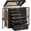 AKOZLIN Riesige Schmuckschatulle, Organizer, funktional, extra groß, Leder, Schmuck-Aufbewahrungsbox für Damen, Mädchen, Ringe, Halsketten, Ohrringe, Armbänder, Organizer mit Spiegel, schwarz