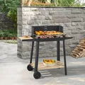 casa.pro Grillwagen Ari Holzkohlegrill Grill BBQ Grillrost aus Edelstahl Gartengrill mit Ablagen 2 Räder Windschutz mit Grillrosthöhenverstellung 78 x 86 x 30 cm Stahl Schwarz/Bambus