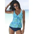Bügel-Tankini-Top SUNSEEKER "Lapa", Damen, Gr. 38, Cup D, blau (türkis bedruckt), Microfaser, Recycling-Polyamid, bedruckt, Bikini-Oberteile, Unter der Brust regulierbar mit tropischem Print